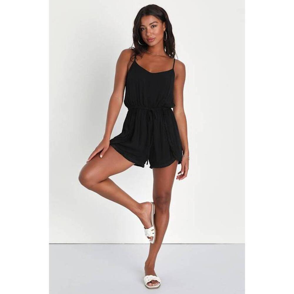 Lulus Monterey Mornings Black Sleeveless Fringe Drawstring Romper - Size S